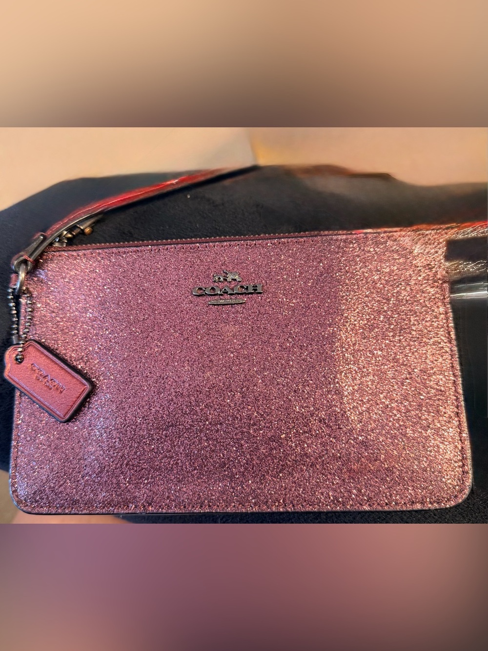 Coach Pink Rose Glitter Wristlet with Leather Tag EUC